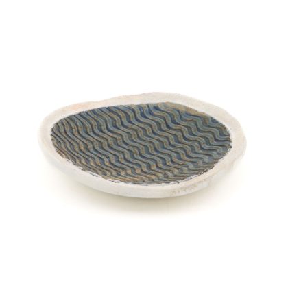 Plato Pastilla 14cm-Olas de Mar Azul Oxido orilla Engobe Blanco