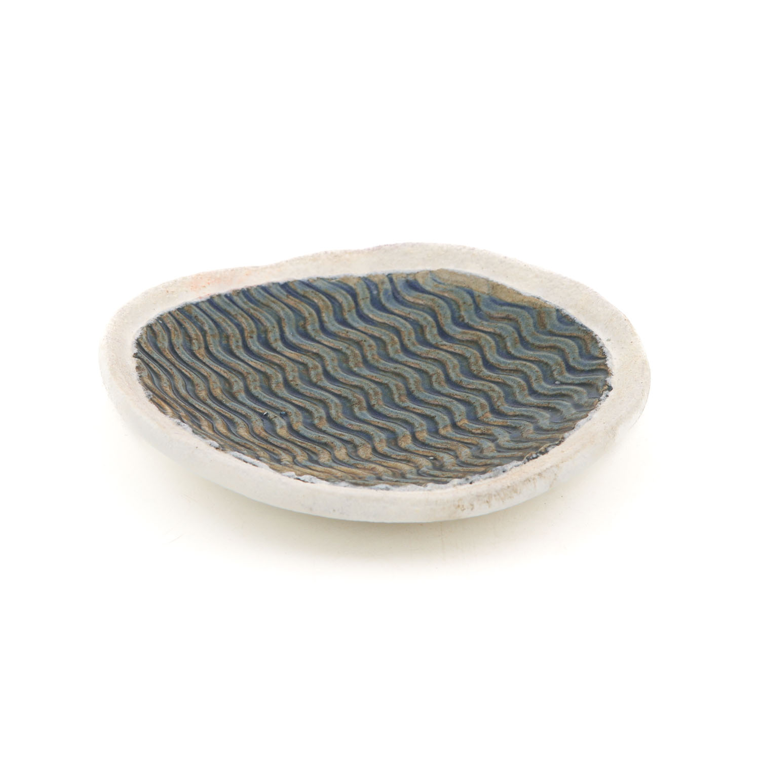 Plato Pastilla 14cm-Olas de Mar Azul Oxido orilla Engobe Blanco
