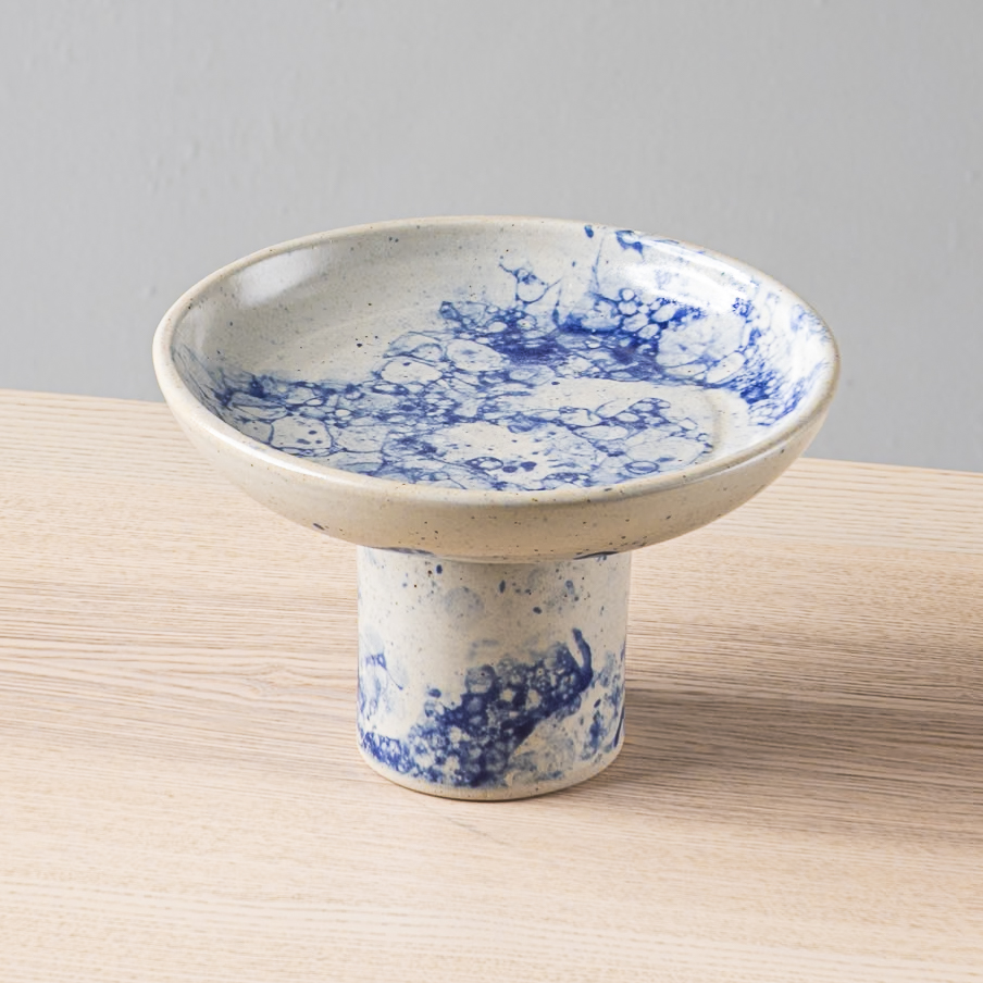 Plato Pedestal 22x14cm-Blanco Burbuja Azul